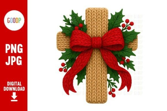 Crochet Cross with Holly Bow Png