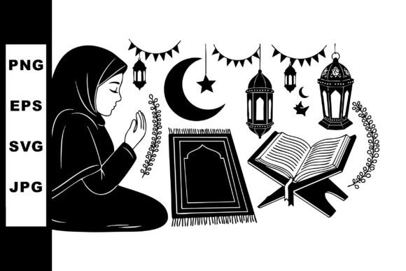 Muslim Woman Praying with Quran and Rama